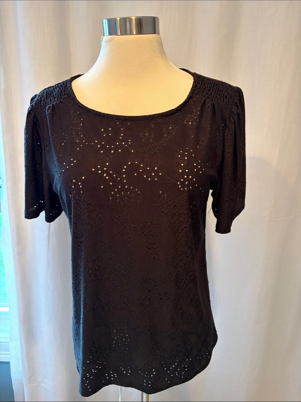 W5 Black Eyelet Scoop Neck Short-Sleeve Blouse